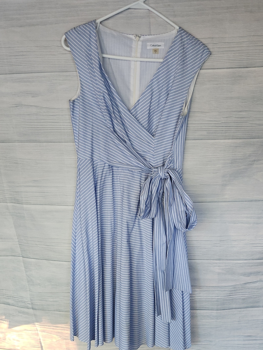 Calvin Klein Blue and White Striped Wrap Midi Dress